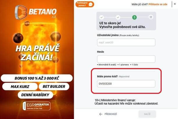 Betano - zadejte kód OVOCE200