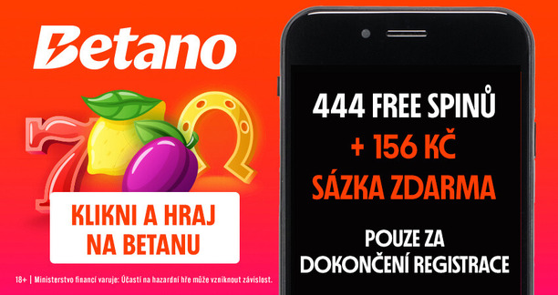 Za kód MEGABONUS u Betana získáte 444 free spinů a 156Kč Sázku zdarma.