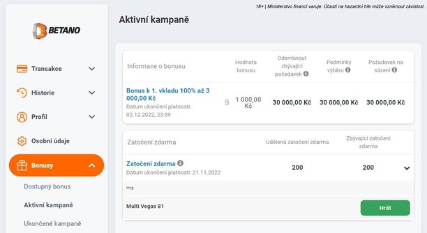 Získané free spiny najdete přímo ve svém herním účtu v bonusové sekci