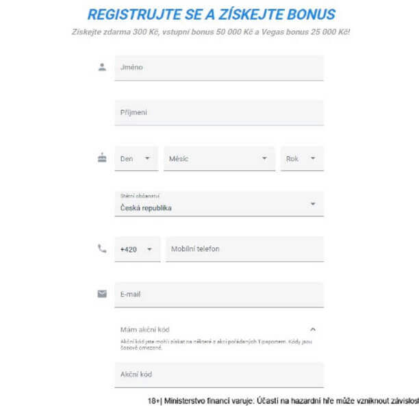 Registrační formulář casina Tipsport