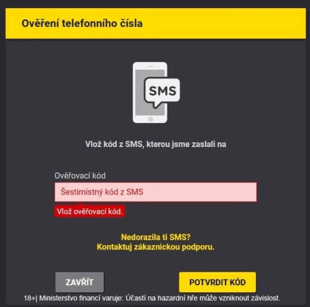 Fortuna - ověření SMS