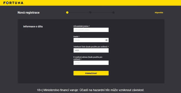 Fortuna - registrace - formulář